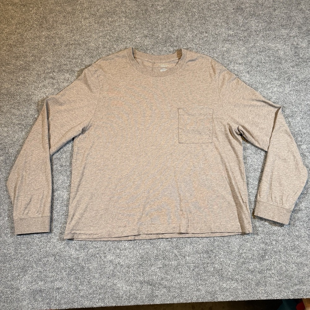 American Eagle Brown Heather Long Sleeve Crewneck Pocket Size Large Cotton